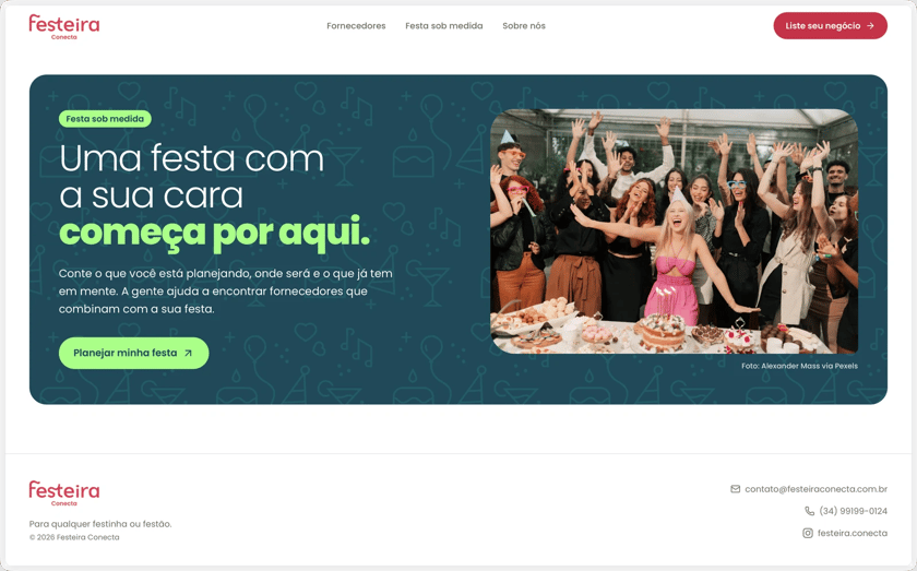 Página da Festeira que ajuda a planejar uma festa sob medida