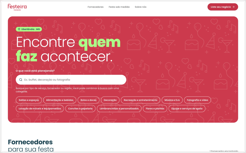 Página inicial da Festeira, com busca de fornecedores de festa em Uberlândia
