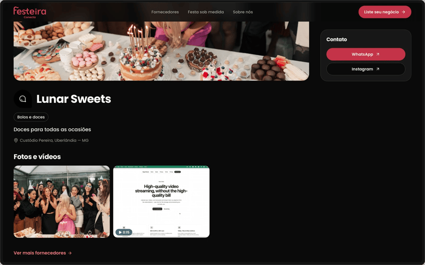 Página de um fornecedor na Festeira, com fotos, vídeo e botões de contato